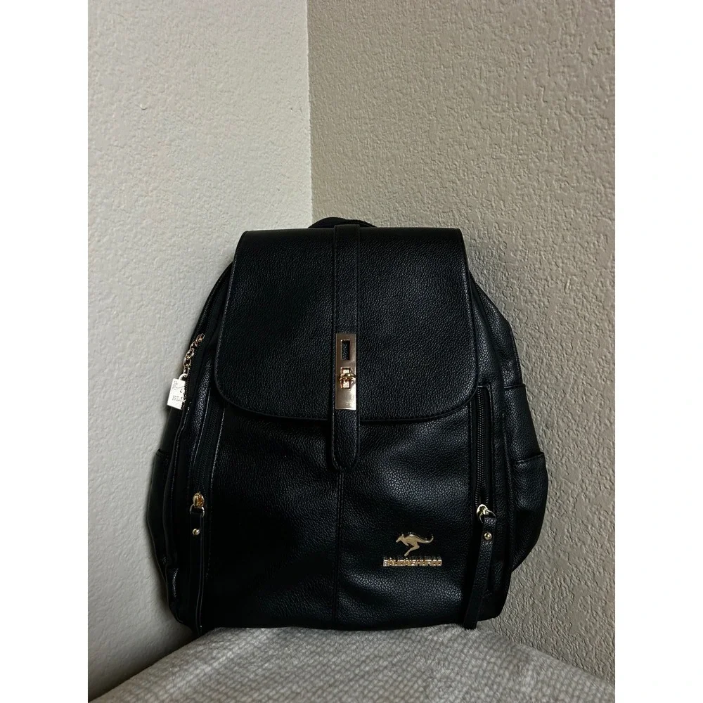 Balishishuo Black Faux Leather Backpack Gold Kangaroo Logo Women Travel Bag